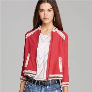Free People Crochet Trim Baseball Bomber Jacket, Red,‎ L Boho